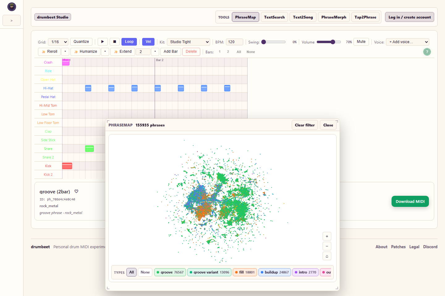 drumbeet app showing the DAW, phrase map, and phrase tools